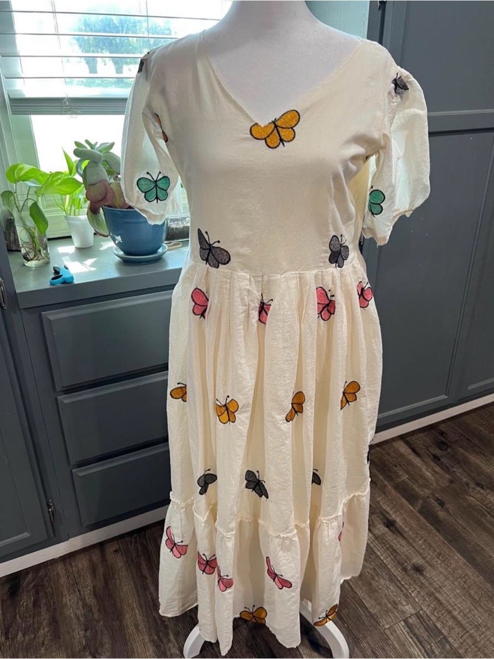 Cream Butterfly Embroidered Dress